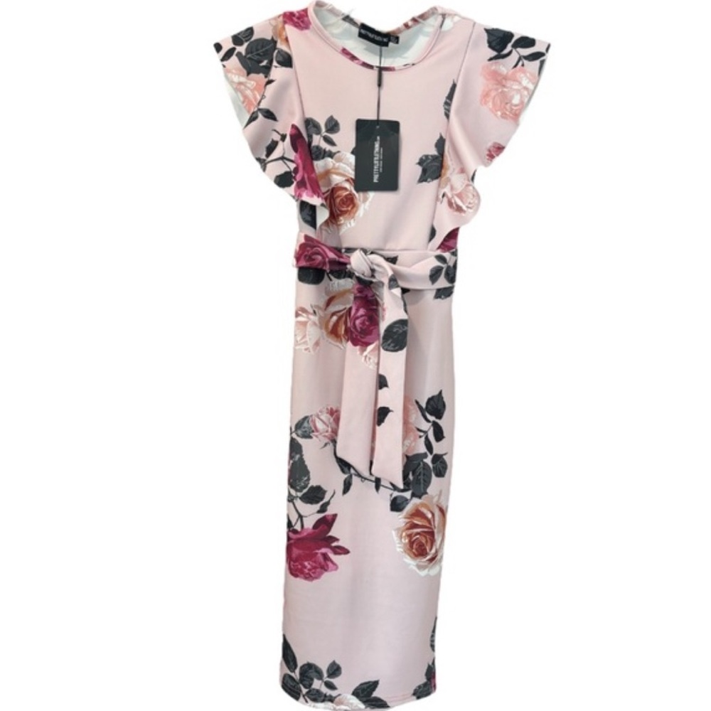 Floral Print Ruffle Detail Midi Dress Romantic Flowers Dusty Rose Pink Size 4 - Picture 5 of 16